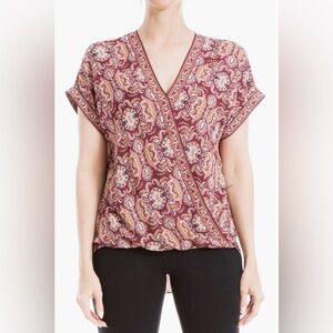 NWT: Max Studio Burgundy Paisley Wrap-Style V-Neck Top
